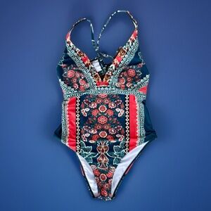 Cupshe Women’s Boho Floral Print Lace-up One Piece Swimsuit - Green - Size Large